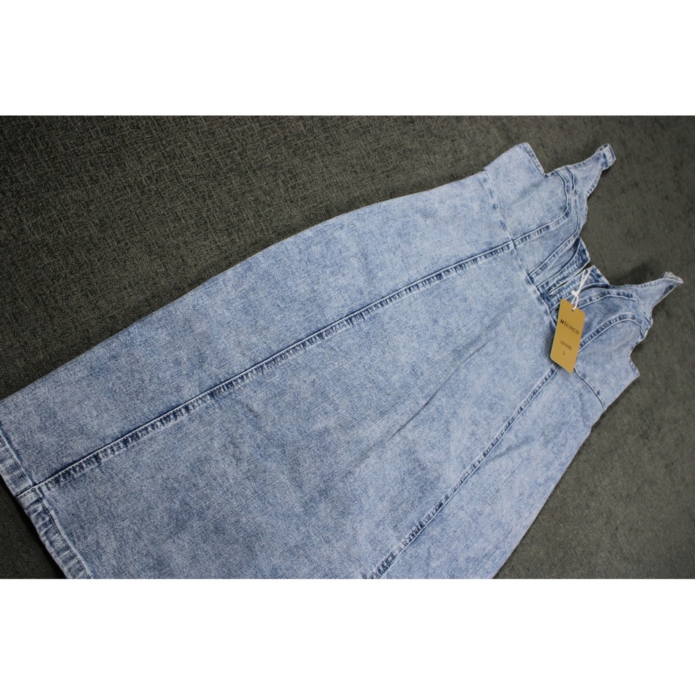 Utcoco Womens Acid Wash Denim Midi Dress Light Blue Zipper V-Neck Slit Large NWT